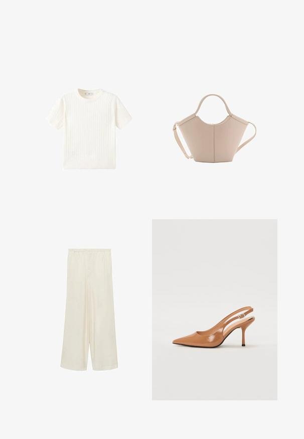 Witte korte mouwen trui met een kabelbreipatroon, ronde halslijn en geribbelde onderkant. Zachte textuur, casual pasvorm en een strakke uitstraling.; Crème kleurige broek met wijde pijpen, een elastische tailleband en een zachte, gladde stof. Heeft een geplaatste ontwerp en een losse, vloeiende vorm.; Puntige slingback hak in een glad, glanzend beige materiaal. Bevat een gebogen uitsnijdontwerp en een slanke stiletto hak. Zilveren gesp detail.; Beige leren handtas met een unieke vorm, voorzien van twee korte handvatten en een lange verstelbare schouderriem. Glad oppervlak met minimale hardware.