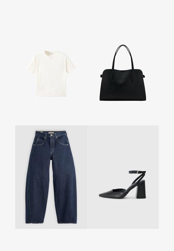 White short-sleeve sweater with a cable knit pattern, round neckline, and ribbed hem. Soft texture, casual fit, and clean design.; Dark blue denim jeans with a loose fit, light stitching, five pockets, and a button closure at the waistband.; Black leather pointy-toe pump with an ankle strap and a chunky heel. Flat texture, sleek design, and minimalistic aesthetics.; Black leather handbag with dual shoulder straps, rectangular shape, and minimalistic design on a white background.