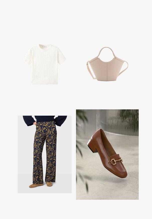 Bijela kratka majica s kratkim rukavima s uzorkom pletenice, okruglim izrezom i rebrastim rubom. Mekana tekstura, ležeran kroj i jednostavan dizajn.; Pantalone s raširenim nogavicama s cvjetnim mornarsko plavim uzorkom na bež podlozi, izrađeni od meke tkanine s glatkom teksturom i širokim krojem.; Smeđi lakirani loafer s kvadratnim vrhom, metalnim lancem kao naglaskom i niskom blok petom; glatka tekstura, minimalistički dizajn.; Bež kožna torba jedinstvenog oblika, s dva kratka ručka i dugom podesivom trakom. Glatka tekstura s minimalnim metalnim dodacima.
