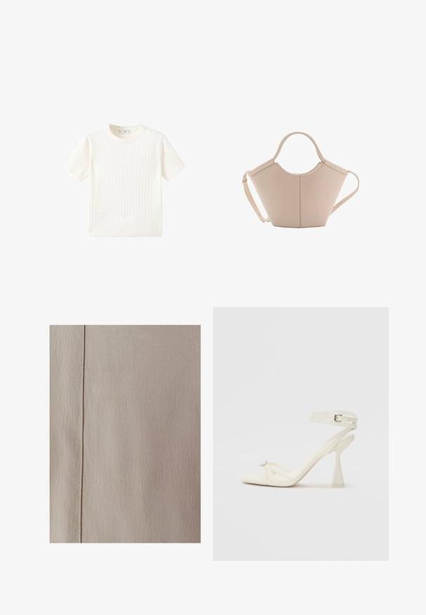 White short-sleeve sweater with a cable knit pattern, round neckline, and ribbed hem. Soft texture, casual fit, and clean design.; Beige textured fabric showing a diagonal weave pattern with a seam running vertically along the edge. Material appears soft and subtle.; Strappy high-heeled sandal in white leather with a sleek design, a transparent block heel, and a decorative element at the toe.; Beige leather handbag with a unique shape, featuring two short handles and a long adjustable strap. Smooth texture with minimal hardware.