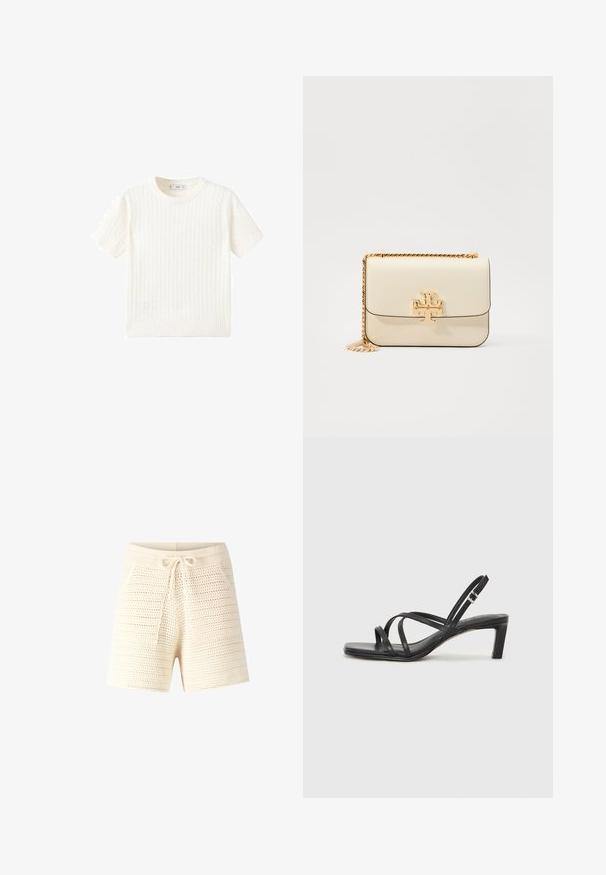 Witte korte mouwen trui met een kabelbreipatroon, ronde halslijn en geribbelde onderkant. Zachte textuur, casual pasvorm en een strakke uitstraling.; Crème-kleurige gebreide shorts met een gestructureerde, open weving. Voorzien van een koord in de taille en twee voorzakken. Casual ontwerp, middellange pasvorm.; Zwarte sandaal met bandjes, vierkante teen en een lage blokhak. Voorzien van meerdere dunne bandjes en een verstelbare enkelband. Gemaakt van zacht leer.; Crème lederen schoudertas met een gouden kettingriem, voorzien van een gouden logo-accent aan de voorkant en een strakke, elegante lijn.