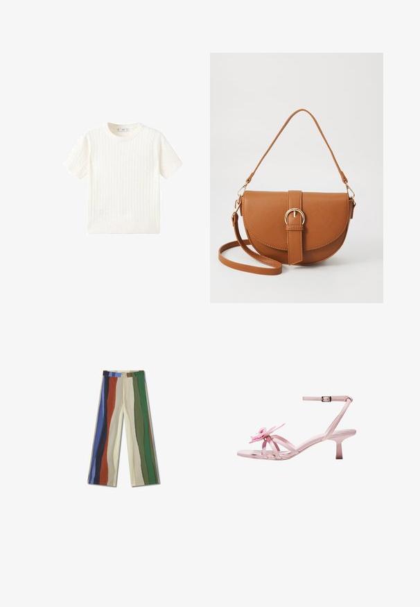 Weißer Kurzarmpullover mit Zopfmuster, Rundhalsausschnitt und geripptem Saum. Weicher Stoff, lässige Passform und schlichtes Design.; Weite Hose aus Baumwollmischung mit mehrfarbigen vertikalen Streifen in Blau, Grün, Rot und Creme. Mit einem Knopfverschluss und ohne Taschen.; Rosa Lackleder-Absatzsandalen mit einer floralem Akzent an der Zehe, ausgestattet mit einem verstellbaren Knöchelriemen und einem schmalen, kurzen Absatz.; Braune Leder-Crossbody-Tasche mit geschwungener Form, goldfarbenen Beschlägen und einer Schnallenakzentuierung. Verfügt über einen abnehmbaren Schultergurt.