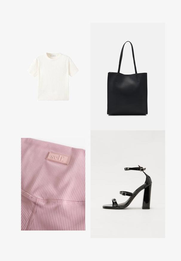 Witte korte mouwen trui met een kabelbreipatroon, ronde halslijn en geribbelde onderkant. Zachte textuur, casual pasvorm en een strakke uitstraling.; Lichtroze geribde leggings met een textuur oppervlakte en een rechthoekig rubberen logo-label met het woord "self." gestikt.; Zwarte gepatenteerde sandalen met hak en een vierkante neus, enkelbandjes en zilveren gespen. Heeft een stevige blokhak voor stabiliteit.; Zwarte leren handtas met een gladde textuur, rechthoekige vorm en twee lange handvaten. Geen zichtbare hardware of versieringen.
