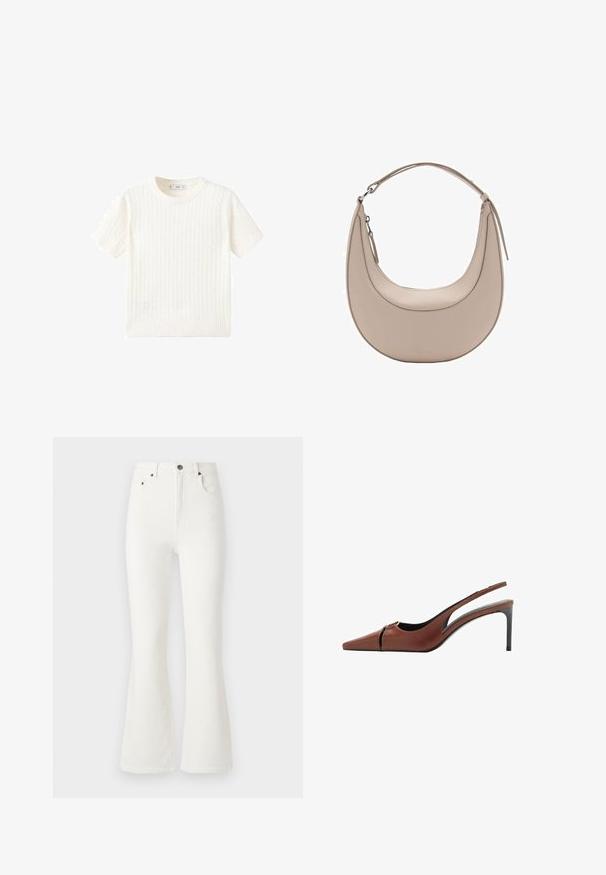 Bela kratka majica s kratkimi rokavi z vzorcem kabelskega pletenja, okroglo izrezano in rebrastim robom. Mehak material, sproščen kroj in čist dizajn.; Bele flare jeans iz jeansa. Visok pas, z sprednjimi žepi in gumbom za zapiranje. Gladka tekstura in minimalni šivi.; Rjavi usnjeni slingback čevelj z ostro konico, izrezom na vampu in elegantno stiletnasto peto. Gladka tekstura.; Bež usnjena torba za rame v obliki kružnice, z gladko teksturo in eno ukrivljeno zanko. Ima zadrgo in urejen šiv.