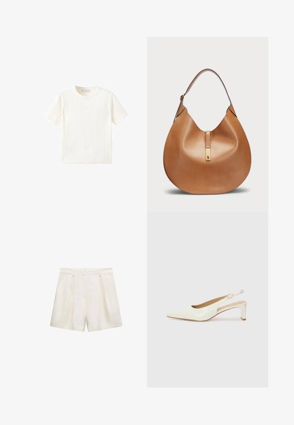 Witte korte mouwen trui met een kabelbreipatroon, ronde halslijn en geribbelde onderkant. Zachte textuur, casual pasvorm en een strakke uitstraling.; Witte shorts gemaakt van een gladde stof, met een geplooid ontwerp, zijzakken en een zoom die net boven de knie valt.; Witte gepatineerde leren slingback-schoen met een spitse neus en een lage blokhak. Beschikt over een subtiele band met een gouden gespdetail.; Tan leren handtas met een gebogen vorm en een brede schouderband. Heeft een gouden metalen accent in het midden en een gladde textuur.