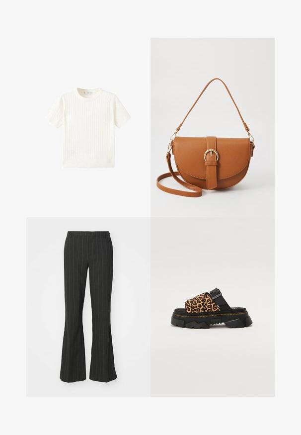Pulover alb cu mânecă scurtă, având un model cu tricotaj în cablu, guler rotund și tiv răsucit. Textură moale, ajustare casuală și design curat.; Pantaloni negri evazați cu dungi verticale albe, având o talie personalizată și un material neted, texturat.; Sandale cu imprimé leopard, cu o curea sintetică neagră și o talpă groasă din cauciuc. Prezintă detalii texturate și accente de broderie galbenă.; Geantă din piele maro, tip crossbody, cu o formă curbată, accesorii aurii și un accent cu cataramă. Dispune de un curea de umăr detașabilă.