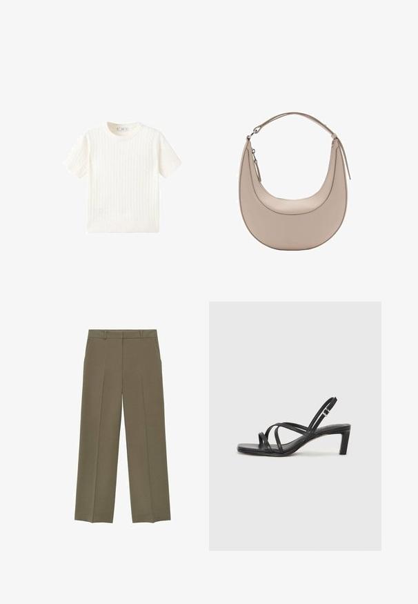 Biely krátkoprstý sveter s pleteným vzorom, okrúhlym výstrihom a rebrovaným lemom. Mäkka textúra, voľný strih a čistý dizajn.; Mango Nohavice - khaki; Čierne sandále na vysokom podpätku so štvorcovou špičkou a nízkym blokovým podpätkom. Obsahujú viacero tenkých popruhov a nastaviteľný členkový popruh. Vyrobené z hladkej kože.; Béžová kožená taška cez rameno s polkruhovým tvarom, hladkou textúrou a jedným zakriveným uchom. Obsahuje zipsové uzatváranie a úhľadné švy.