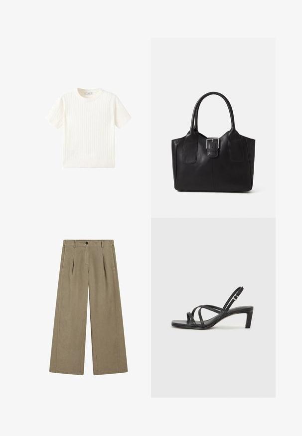 Biały sweter z krótkim rękawem, z wzorem w warkocze, okrągłym dekoltem i ściągaczem na dole. Miękka tekstura, luźny krój i czysty design.; Jasnopopielate spodnie o szerokich nogawkach z gładką teksturą, z plisą z przodu, z pętelkami na pasek oraz z zapięciem na guzik w talii.; Czarne sandały na obcasie z prostokątnym noskiem i niskim słupkowym obcasem. Posiadają wiele cienkich pasków i regulowany pasek na kostkę. Wykonane z gładkiej skóry.; Czarna skórzana torba tote o gładkiej fakturze, usztywnionym kształcie, dwóch uchwytach oraz wyraźnym srebrnym zapięciu na przodzie.