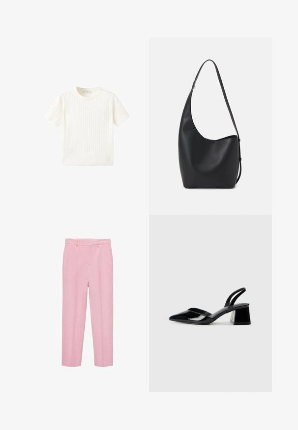 Bela kratka majica s kratkimi rokavi z vzorcem kabelskega pletenja, okroglo izrezano in rebrastim robom. Mehak material, sproščen kroj in čist dizajn.; Svetlo roza hlače iz teksturirane tkanine, s straight leg dizajnom, pasom za pas in sprednjimi žepi. Brez vidnih vzorcev.; Črne lakirane slingback pete s koničastim nosom in geometrijsko blokasto peto. Imajo eleganten, minimalističen dizajn in gladko teksturo.; Črna usnjena hobo torba z gladko teksturo, ukrivljeno obliko in eno nastavljivo naramnico; ima širok odprtina na vrhu.