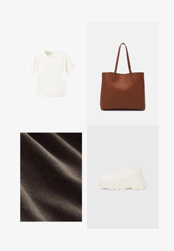 Bela kratka majica s kratkimi rokavi z vzorcem kabelskega pletenja, okroglo izrezano in rebrastim robom. Mehak material, sproščen kroj in čist dizajn.; Temno rjava tkanina z gladko, teksturirano površino, ki ima subtilne gubice in mehak, mat videz. Idealna za različne tekstilne aplikacije.; Bela platnena teniska z debelim podplatom, okroglo konico in petimi luknjicami za vezalke. Zadaj je dodana zanka za enostavno obuvanje. Gladka tekstura, minimalistična zasnova.; Rjava usnjena torba z gladko teksturo, odprto zasnovo zgoraj in dvema naramnima trakovoma. Opremljena je z minimalnim šivanjem in brez vidnih kovinskih delov.