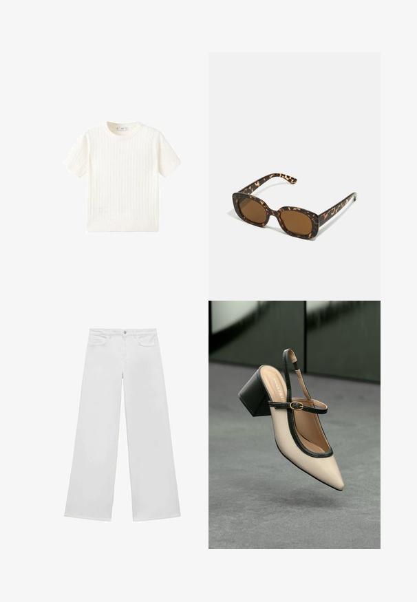 Witte korte mouwen trui met een kabelbreipatroon, ronde halslijn en geribbelde onderkant. Zachte textuur, casual pasvorm en een strakke uitstraling.; Witte wijde jeans van denim met een vlakke voorkant, twee zijzakken en een knoopsluiting, met een rechte pijp en zonder zichtbare patronen.; Beige puntige slingback schoen met zwarte rand, gouden gesp en een chunky blokhak op een grijze vloer met een donker groene achtergrond.; Tortoiseshell zonnebril met een ronde, stevige montuur en bruine lenzen. Heeft subtiele patronen en rechte, taps toelopende veren.; Tommy Hilfiger CASUAL SHOULDER BAG - Handtas - coastal taupe