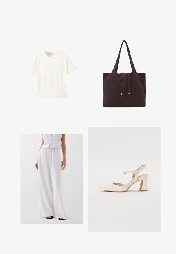 Pull court à manches courtes blanc avec un motif en maille torsadée, col rond et ourlet côtelé. Texture douce, coupe décontractée et design épuré.; Pantalons blancs à jambes larges en tissu léger, dotés d'une taille à cordon de serrage et d'une texture lisse et fluide. Sans motifs ni accents.; Escarpin à bout pointu, de couleur crème, avec un talon carré. Il est doté d'une fine lanière de cheville avec une boucle ronde et d'une texture en cuir lisse.; Mango Cabas - dark brown