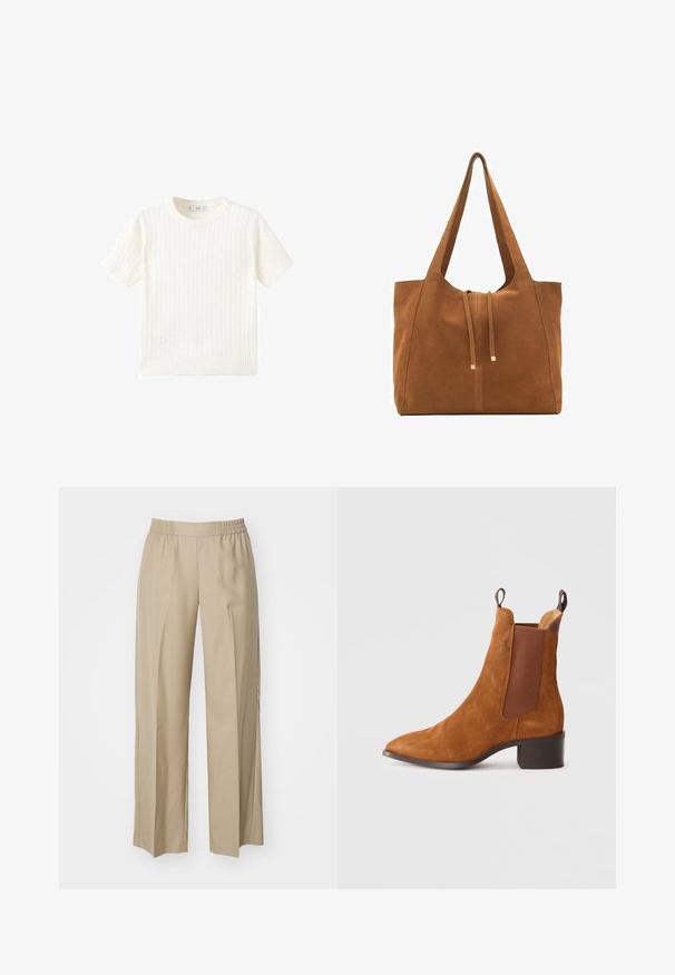 Vit kortärmad tröja i kabelstickad mönster, rund halsringning och ribbad nederkant. Mjuk textur, avslappnad passform och ren design.; Beige vida byxor i mjukt tyg; har ett elastiskt midjeband med rynkdetalj; minimalistisk design utan fickor.; Bruna mocka ankelstövlar med spetsig tå, elastiska sidopaneler och en låg blockklack. Har dragflikar för enkel påtagning.; Brun mockaläders toteväska med två långa remmar, dragsko-stängning och minimalistisk design. Slät textur och inga synliga metallaccenter.