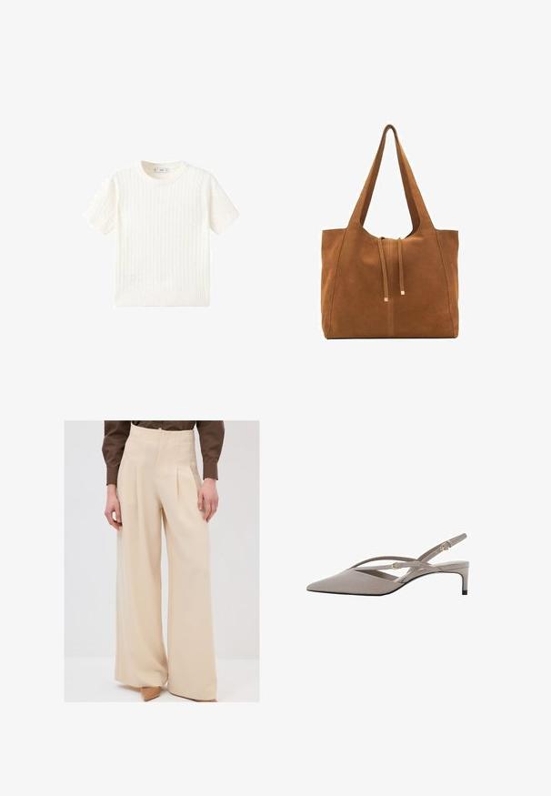 Biały sweter z krótkim rękawem, z wzorem w warkocze, okrągłym dekoltem i ściągaczem na dole. Miękka tekstura, luźny krój i czysty design.; Beżowe spodnie z szerokimi nogawkami i wysokim stanem, z plisami z przodu oraz gładką fakturą, w połączeniu z jasnymi obcasami.; Beżowe szpilki slingback z ostrym noskiem, cienkimi skrzyżowanymi paskami i niskim obcasem stiletto. Gładki materiał z akcentami w kolorze złota.; Brązowa torba tote z zamszu z dwoma długimi paskami, zamknięciem na sznurek i minimalistycznym wzornictwem. Gładka tekstura i brak widocznych akcentów metalowych.