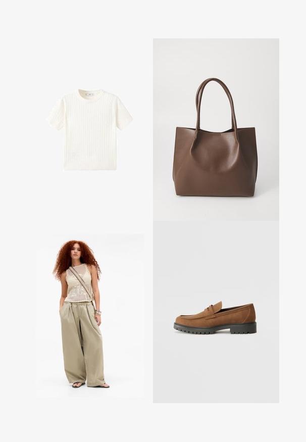 White short-sleeve sweater with a cable knit pattern, round neckline, and ribbed hem. Soft texture, casual fit, and clean design.; Young woman with long curly red hair wearing a beige sleeveless knit top, wide-legged khaki pants, flip-flops, crossbody bag, and bracelets.; Brown suede loafers with a rounded toe and a low black rubber sole, featuring a decorative strap and stitching details on the upper.; Brown leather tote bag with two long handles, structured shape, smooth texture, and minimalistic design. No visible hardware or accents.