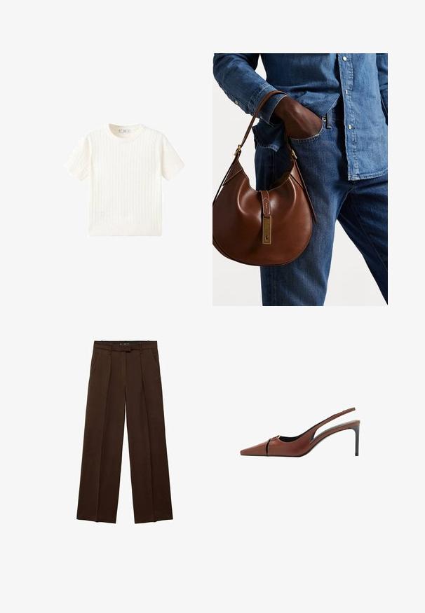 Bílý svetřík s krátkým rukávem a vzorem copánkového pletení, kulatým výstřihem a pružným lemem. Měkká textura, volný střih a čistý design.; Hnědé kalhoty s širokými nohavicemi, hladkým povrchem, předními sklady a bočními kapsami. Plochý design pasu s ukrytou zapínací sponou.; Hnědá kožená slingback obuv na podpatku s špičatou špičkou, výřezem na nártu a elegantním stiletto podpatkem. Hladká textura.; Hnědá kožená hobo taška zaobleného tvaru, se zlatým kováním a kontrastním prošíváním. V kombinaci s džínovou košilí a džíny.