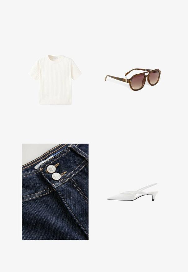 Vit kortärmad tröja i kabelstickad mönster, rund halsringning och ribbad nederkant. Mjuk textur, avslappnad passform och ren design.; Mörkblå denimjeans visar en närbild av midjebandet med två metallknappar, kontrasterande gyllene sömmar och en strukturerad tygytan.; Vit slingback-häl med spetsig tå, med en slät ovandel, subtila utskärningar och en låg blockklack. Svart sula framhäver designen.; Solenbrillor i sköldpaddsmönster med gradientlinser, vinklad form och guldackcenter på bågarna, med en elegant, blank yta.; Brun läder tote-väska med två avlånga handtag, strukturerad rektangulär form, slät textur och subtila sömdetaljer.