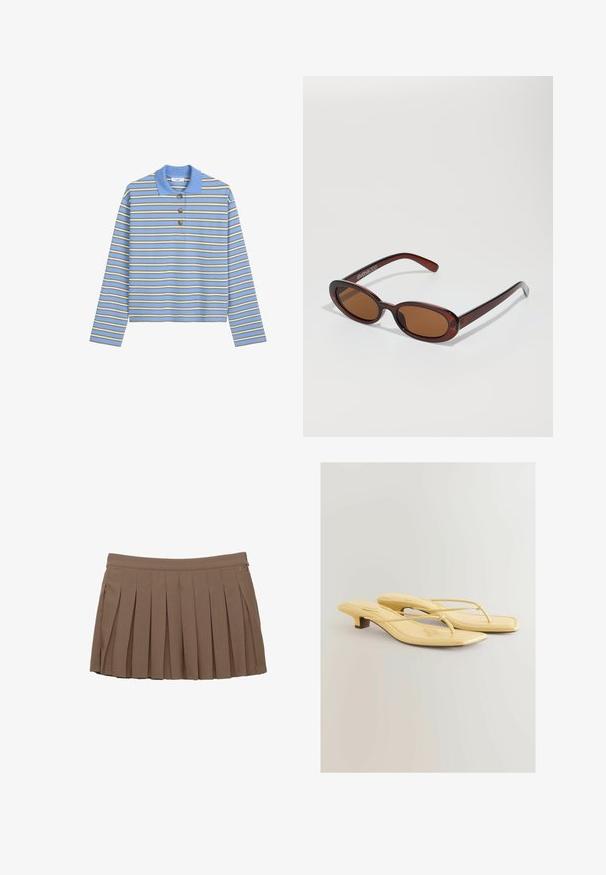 Lange mouw polo in lichtblauw met horizontale strepen in olijfgroen en wit. Bevat drie bruine knopen en een geribbelde kraag.; Bruine geplooide minirok met een tailleband en subtiele zijlogo-opdruk op een witte achtergrond.; Geel gepatenteerd leren heeled flip-flops met een puntige neus, dunne banden en een kleine blokhak. De textuur is glad met stikselaccenten.; Ronde, bruin getinte zonnebril met een glanzend bordeauxrood frame. Slanke pootjes met subtiele merkdetails. Vlakke lensontwerp.; Geweven bordeauxkleurige handtas met een afgeronde vorm en een enkele handgreep, voorzien van een gestructureerd oppervlak en een elastische trekkoordsluiting.