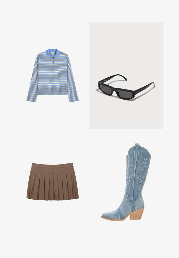 Lange mouw polo in lichtblauw met horizontale strepen in olijfgroen en wit. Bevat drie bruine knopen en een geribbelde kraag.; Bruine geplooide minirok met een tailleband en subtiele zijlogo-opdruk op een witte achtergrond.; Denim cowboylaars, lichtblauw, puntige neus, uitsparingen met driehoekige vormen, lage gestapelde hak, gestructureerde afwerking.; Zwarte zonnebril met een rechthoekig montuur, met donkere glazen en dunne pootjes. Gouden accenten bij de scharnieren.; Bruine lakleren handtas met een rechthoekige vorm, twee lange handvatten en subtiele gebogen accenten aan de voorkant.