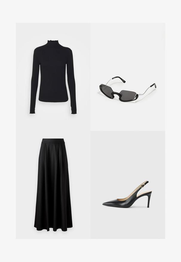 Juodas ilgomis rankovėmis turtleneko tipo viršus, pagamintas iš lygaus audinio, su raukšlėtu kaklu ir prigludusia siluetu, turinčiu paprastus kraštus.; Juoda, iki žemės tiesi sijonas su lygiu paviršiumi, plačiu juosmeniu ir pūtimo dizainu, be matomų raštų ar puošmenų.; Juodos odinės slingback aukštakulnės bateliai su smailiu nosiu, reguliuojama juosta ir elegantišku stiletto kulnu, pasižymintys lygia apdaila.; Juodos saulės akinių su unikalia skydelio forma, turinčių tamsius lęšius ir plonas sidabro metalines kojas. Rėmeliai turi apvalius akcentus ir drąsų dizainą.; Juoda oda pirštinės, turinčios penkis pirštus, lygų paviršių ir siuvinėjimą. Papuoštos maža logotipu šalia rankogalio.