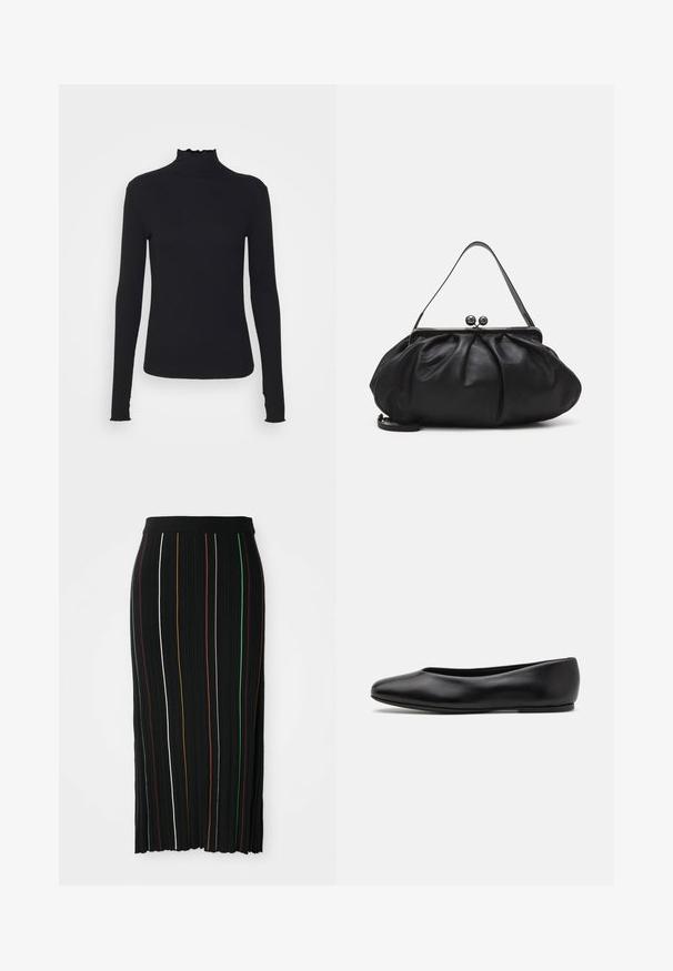 Top negro de manga larga con cuello alto, hecho de tejido suave, que presenta un cuello con volantes y una silueta ajustada con bordes simples.; Falda negra plisada con rayas verticales en amarillo, naranja, rojo, verde y blanco. Presenta una cintura ajustada y un dobladillo ligeramente desigual.; Paul Smith TOPANGA - Bailarinas - black; Bolso de mano de cuero negro con un diseño redondeado y plisado. Cuenta con un cierre metálico con dos bolas decorativas y una correa delgada y desmontable.