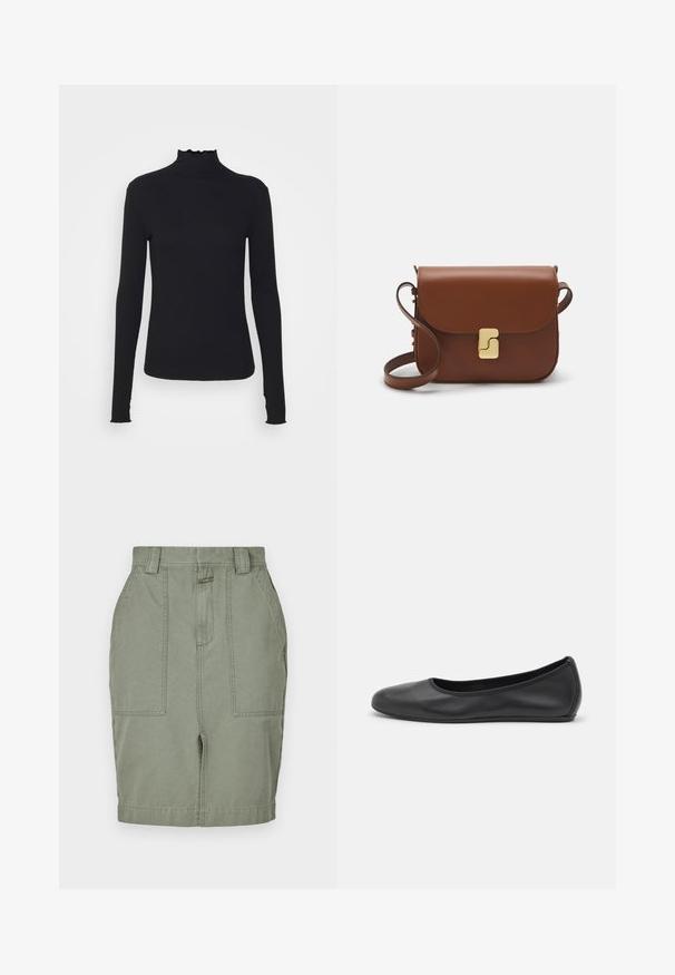 Črn dolg rokav turtleneck zgornji del iz gladkega materiala, ki se ponaša z nabranim ovratnikom in prilegajočim silhueto s preprostimi robovi.; Khaki bomba krilo s ravnim krojem, dvema sprednjima žepoma, zadrgo in zankami za pas. Gladka tekstura z subtilnim sijajem.; Črne usnjene balerinke z zaobljenim nosom, gladko teksturo, minimalnimi šivi in fleksibilno zasnovo podplata.; Rjava usnjena torbica s poklopcem, zlato obarvani okovi, naramnica in gladka tekstura. Kompaktna pravokotna oblika.