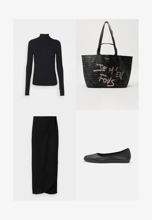 Černý dlouhý rukáv rolák vyrobený z hladkého materiálu, s volánkovým límcem a přiléhavým střihem s jednoduchými okraji.; Černá midi sukně z hladkého materiálu, s drapovaným designem a mírným zavinovacím detailem vpředu. Jednoduchá, elegantní silueta.; Černé kožené baletní byty s kulatou špičkou, hladkou texturou, minimálními švy a flexibilním designem podrážky.; Černá taška přes rameno z texturovaného materiálu s diamantovým vzorem, ramenními popruhy a odvážným červeným a bílým nápisem "JE M'EN FOUS."