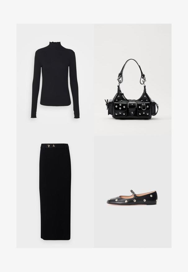 Μαύρο τοπ με μακριά μανίκια και λαιμόκοψη τύπου τσουνάμι, κατασκευασμένο από λείο ύφασμα, με λαιμό από βολάν και εφαρμοστή σιλουέτα με απλές ακμές.; AERON FORUM - Pencil φούστα - black; Μαύρο δερμάτινο παπούτσι Mary Jane με επίπεδη σόλα και στρογγυλή μύτη, διακοσμημένο με ασημένιες κυκλικές καρφίτσες και ρυθμιζόμενη λουρί με αγκράφα.; Μαύρη δερμάτινη τσάντα χειρός με καμπύλο σχεδιασμό, που διαθέτει ασημένιους στρόφους, κούμπωμα και δύο πλευρικές τσέπες. Ρυθμιζόμενος ιμάντας για επιλογές μεταφοράς.