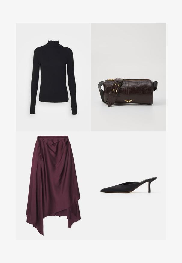 Top negru cu mânecă lungă și guler înalt, realizat dintr-un material neted, având un guler cu volane și o siluetă ajustată cu margini simple.; Fustă satin burgundă, cu un tiv asimetric, prezentând drapaj moale și o textură netedă. Fără închideri vizibile sau modele.; Mule negre cu vârful ascuțit, cu un design elegant, realizat dintr-un material moale, având un toc subțire și spate deschis pentru o purtare ușoară.; Geantă din piele căptușită cu un model de crocodil de culoare maro, cu o formă cilindrică, accesorii de culoare aurie și un curea detasabilă cu tăieturi.