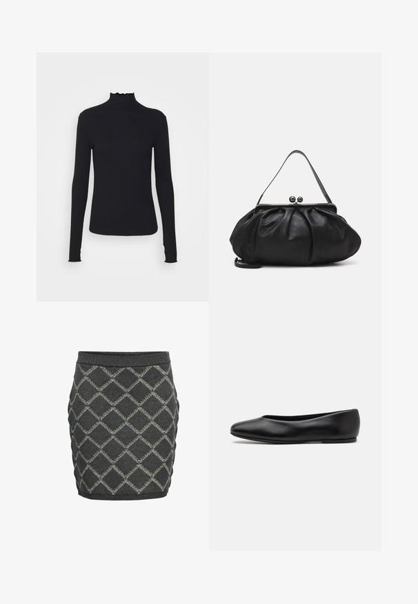 Top negro de manga larga con cuello alto, hecho de tejido suave, que presenta un cuello con volantes y una silueta ajustada con bordes simples.; Falda de punto gris con un patrón de diamantes, acabado texturizado, cintura acanalada y silueta ajustada.; Paul Smith TOPANGA - Bailarinas - black; Bolso de mano de cuero negro con un diseño redondeado y plisado. Cuenta con un cierre metálico con dos bolas decorativas y una correa delgada y desmontable.