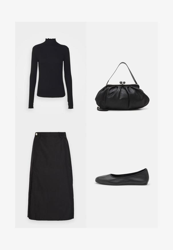 Czarny, długi rękaw, golf z gładkiego materiału, z falbaniastym kołnierzem i dopasowanym krojem z prostymi brzegami.; Czarna spódnica do kolan wykonana z gładkiego materiału, z przednim rozcięciem i metalowym guzikiem na pasku.; Czarne skórzane baletki z zaokrąglonym noskiem, gładką fakturą, minimalnymi przeszyciami i elastycznym designem podeszwy.; Czarna skórzana torebka o zaokrąglonym, plisowanym wzorze. Posiada metalowy zamek z dwoma dekoracyjnymi kulkami oraz smukły, odpinany pasek.