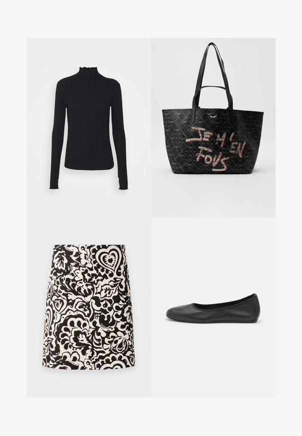 Maglione nero a maniche lunghe con colletto a dolcevita realizzato in tessuto morbido, caratterizzato da un collo arricciato e una silhouette aderente con bordi semplici.; Gonna mini nera e bianca a fantasia floreale realizzata in tessuto dalla texture liscia e con orlo dritto. Presenta disegni vorticosi e cuori.; Pantofole da balletto nere in pelle con punta arrotondata, texture liscia, dettagli di cucitura minimi e design con suola flessibile.; Borsa tote nera in materiale testurizzato con motivo a diamante, dotata di manici e di un audace testo rosso e bianco che recita "JE M'EN FOUS."