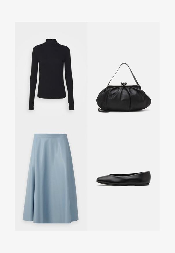 Crni dugi rukav turtleneck majica izrađena od glatkog materijala, s volanima oko vrata i uskim siluetom s jednostavnim rubovima.; Svijetloplava, lepršava suknja od glatkog materijala, s minimalističkim dizajnom i čistom strukom bez vidljivih kopči.; Paul Smith TOPANGA - Balerinke - black; Crna kožna torba s zaobljenim, naboranim dizajnom. Ima metalnu kopču s dva ukrasna gumba i tanki, odvojivi remen.