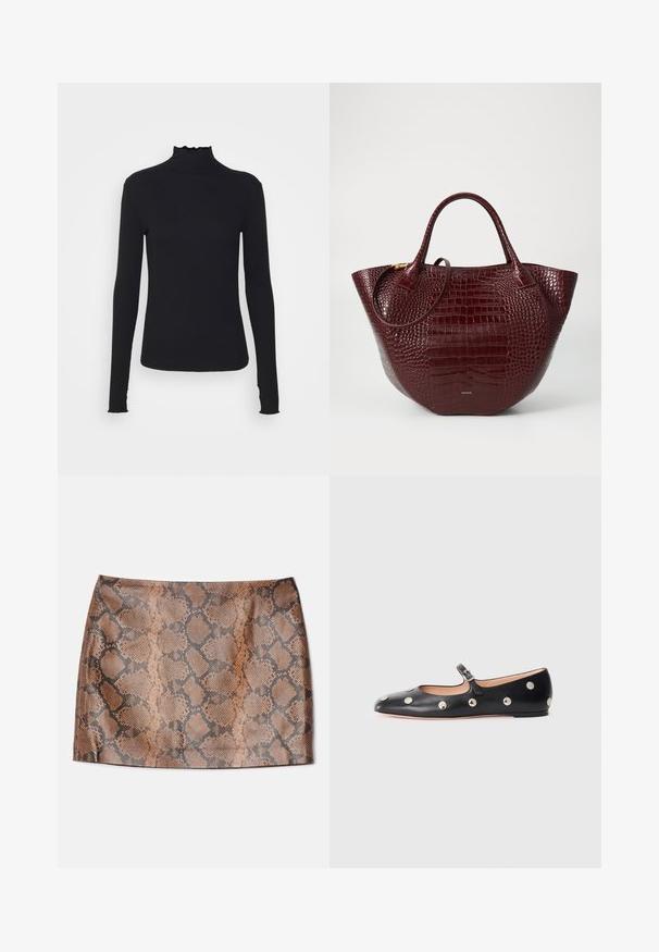 Sort langærmet turtleneck top lavet af glat stof, med en rynket krave og tætsiddende silhuet med enkle kanter.; Alice + Olivia ELANA SNAKE SKIRT - Mini skirts - camel/black; Sorte læder Mary Jane flad sko med en rund tå, udstyret med sølvfarvede runde nitter og en justerbar rem med spænde.; Mørkerød krokodillepræget læder tote taske med to håndtag, en rund form og en subtil hardware-accent i gul tone.