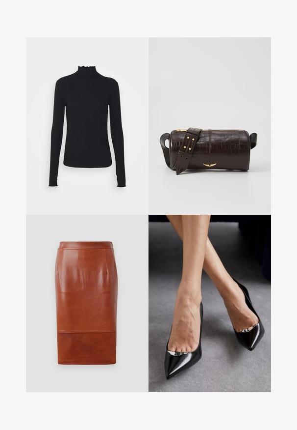 Fekete, hosszú ujjú, garbós felső sima anyagból, fodros gallérral és illeszkedő sziluettel, egyszerű élekkel.; Barna bőr ceruzaszoknya sima textúrával, térdhosszú kialakítással és enyhe fényes hatással. Fitted derékpánttal és oldalsó zsebekkel rendelkezik.; Fekete bőrből készült magassarkú cipők, hegyes orral és nyitott kialakítással, dísz ezüst kiegészítővel. Simává polírozott textúrával.; Barna krokodilbőr hatású bőr táska henger alakú, arany tónusú fémveretekkel és lecsatolható, szegecsekkel díszített pánttal.