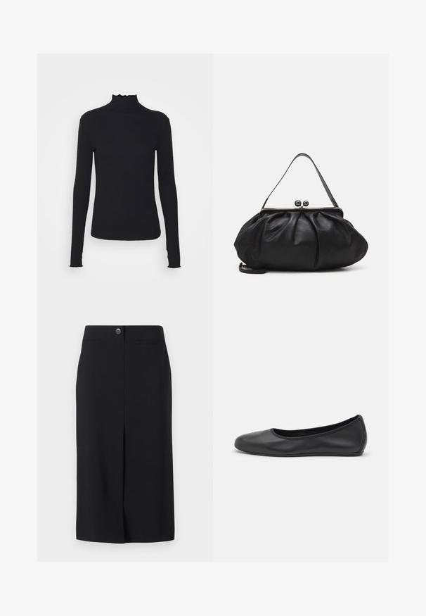 Musta pitkähihainen poolotoppi, joka on valmistettu sileästä kankaasta, jossa on röyhelökaulus ja tiukka siluetti yksinkertaisilla reunoilla.; Hame skirt musta valmistatud siledast kangast. Sellel on nööbiga sulgemine, kaks külgetaskut ja ees olev lõhe, mis tagab liikumisvabaduse.; Musta nahkainen ballerina, jossa on pyöristetty kärki, sileä pinta, minimaalinen ommelkoristelu ja joustava pohjamuotoilu.; Musta nahkalaukku, jossa on pyöreä, poimutettu muotoilu. Varustettu metallisella lukolla, jossa on kaksi koristepalloa ja ohut, irrotettava olkahihna.