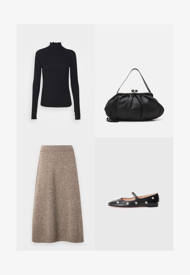 Musta pitkähihainen poolotoppi, joka on valmistettu sileästä kankaasta, jossa on röyhelökaulus ja tiukka siluetti yksinkertaisilla reunoilla.; Neulehame lämpimässä ruskeassa sävyssä, jossa on teksturoitu kuvio, tiukka vyötärö ja levenevä siluetti, jossa on ribbireunukset helman kohdalla.; Musta nahkainen Mary Jane -tyylinen tasapohjakenkä, jossa on pyöreä varvas. Kenkässä on hopeisia pyöreitä niittejä ja säätöremmi, jossa on solki.; Musta nahkalaukku, jossa on pyöreä, poimutettu muotoilu. Varustettu metallisella lukolla, jossa on kaksi koristepalloa ja ohut, irrotettava olkahihna.