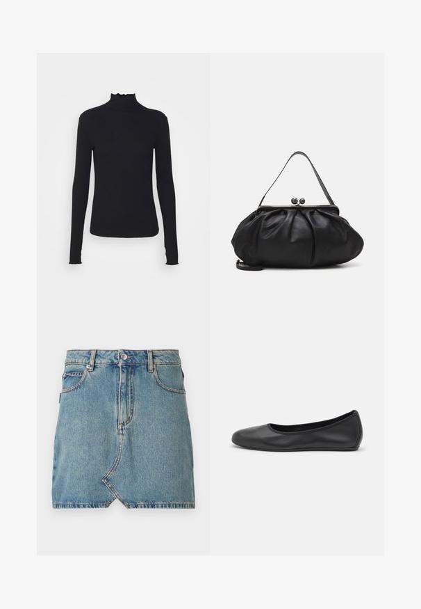 Sort langærmet turtleneck top lavet af glat stof, med en rynket krave og tætsiddende silhuet med enkle kanter.; Lysblå denimnederdel med rå kant og skrå lomme foran, prydet med kontraststing og en enkelt knaplukning ved taljen.; Sort læderballetsko med rund tå, glat tekstur, minimal syning og et fleksibelt såldesign.; Sort læderpung med et rundt, plisseret design. Har en metalspænde med to dekorative kugler og et slankt, aftageligt rem.