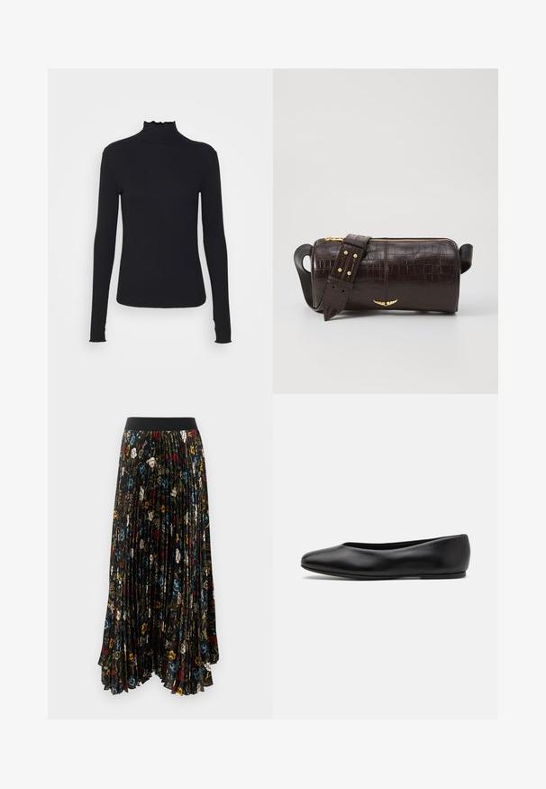 Maglione nero a maniche lunghe con colletto a dolcevita realizzato in tessuto morbido, caratterizzato da un collo arricciato e una silhouette aderente con bordi semplici.; Gonna maxi plissettata in tessuto nero con motivo floreale in rosso, blu e bianco, dotata di una vita elastica nera solida.; Paul Smith TOPANGA - Ballerine - black; Borsa in pelle stampata a coccodrillo marrone con forma cilindrica, accessori in tonalità oro e una tracolla staccabile con borchie.