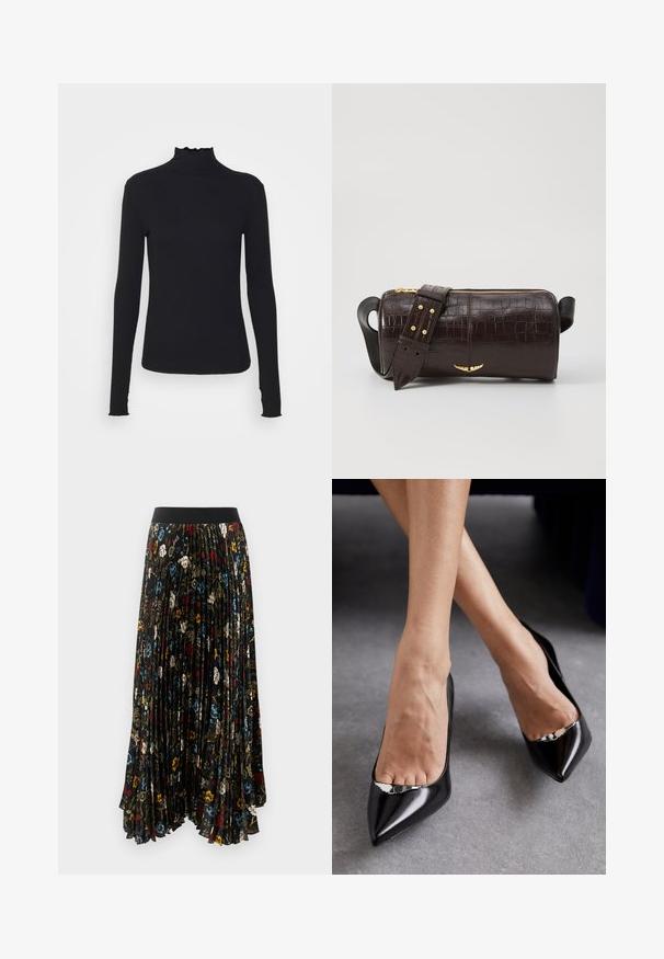 Juodas ilgomis rankovėmis turtleneko tipo viršus, pagamintas iš lygaus audinio, su raukšlėtu kaklu ir prigludusia siluetu, turinčiu paprastus kraštus.; Juoda pločio sijonas su raukšlėmis, papuoštas raudonais, mėlynais ir baltais gėlių ornamentais, su vientisu juodu elastingu juosmeniu.; Juodos odinės aukštakulnės bateliai su smailiu pirštu ir atvira konstrukcija, dekoruoti sidabriniu akcentu. Lygus paviršius su blizgiu apdaila.; Ruda krokodilo odspaudo odinė rankinė cilindro formos, su auksinėmis detalėmis ir nuimamu dirželiu, papuoštu studelėmis.