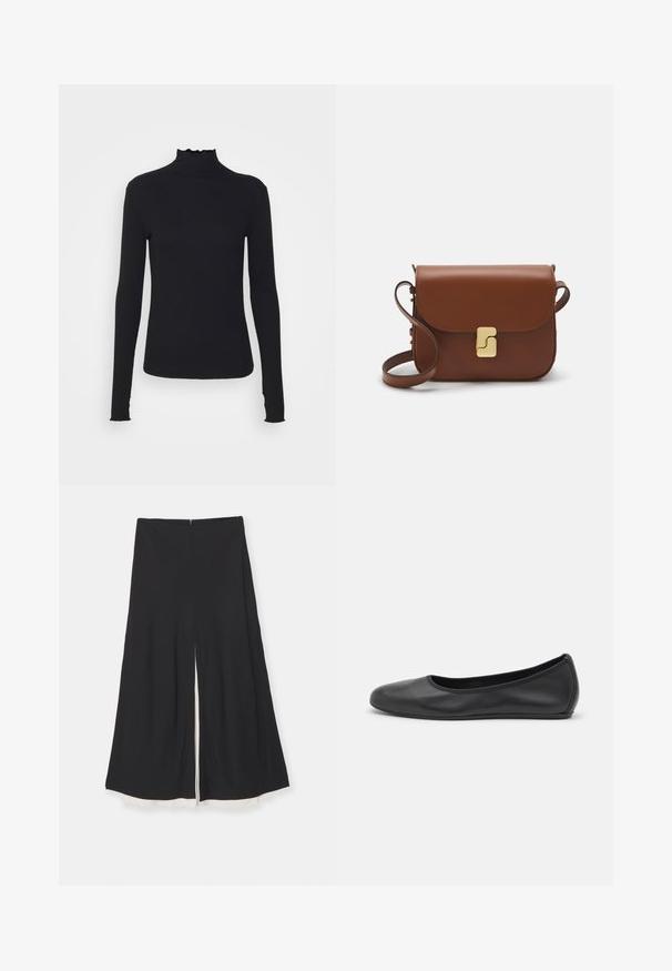 Μαύρο τοπ με μακριά μανίκια και λαιμόκοψη τύπου τσουνάμι, κατασκευασμένο από λείο ύφασμα, με λαιμό από βολάν και εφαρμοστή σιλουέτα με απλές ακμές.; Μαύρο παντελόνι με φαρδιά πόδια και μπροστινή σχισμή, με ομαλή υφή και αντίθετη λευκή επένδυση στο τελείωμα. Κλείσιμο με φερμουάρ στην πλάτη.; Μαύρο δερμάτινο μπαλαρίνι με στρογγυλή μύτη, λεία υφή, ελάχιστες λεπτομέρειες ραφής και σχεδίαση ευέλικτης σόλας.; Καφέ δερμάτινη τσάντα χειρός με κλείσιμο καπάκι, χρυσές λεπτομέρειες, ιμάντα ώμου και λεία υφή. Συμπαγές ορθογώνιο σχήμα.