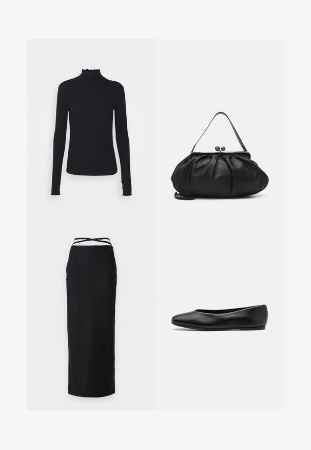 Schwarz, langärmliges Turtleneck-Oberteil aus glattem Material, mit einem gerafften Kragen und einer enganliegenden Silhouette mit einfachen Kanten.; Schwarzer Maxirock aus glattem, leichtem Stoff, mit hoher Taille, gekreuzten Trägern und geradem Schnitt.; Paul Smith TOPANGA - Klassischer Ballerina - black; Schwarze Lederhandtasche mit einer runden, gefalteten Form. Verfügt über einen metallischen Verschluss mit zwei dekorativen Kugeln und einem schmalen, abnehmbaren Tragegurt.
