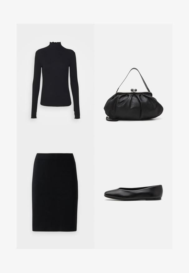 Černý dlouhý rukáv rolák vyrobený z hladkého materiálu, s volánkovým límcem a přiléhavým střihem s jednoduchými okraji.; Černá kolenní délka tužková sukně s elastickým pasem na jednoduchém bílém pozadí.; Paul Smith TOPANGA - Klasické baleríny - black; Černá kožená kabelka s zaobleným, skládáním designem. Obsahuje kovový zavírač se dvěma dekorativními koulemi a tenkým, odnímatelným popruhem.