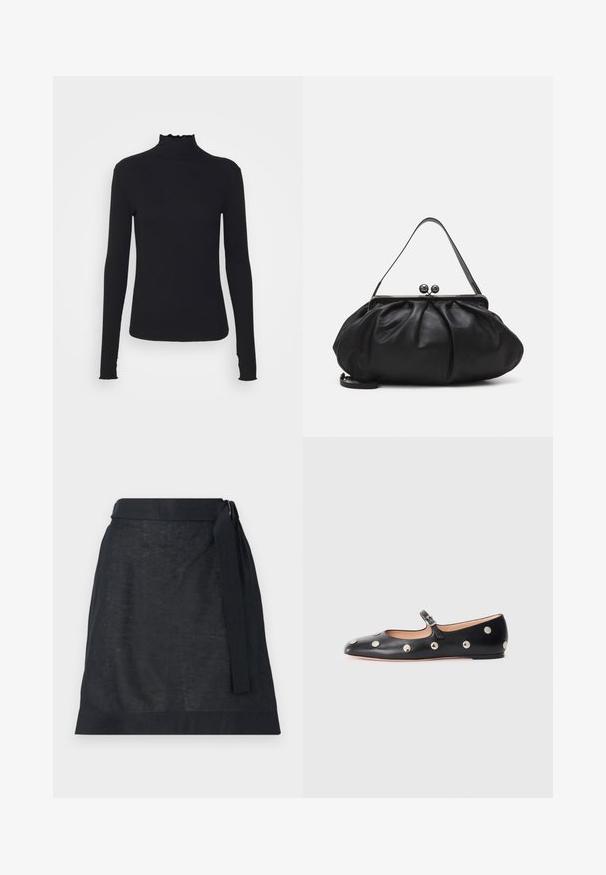 Černý dlouhý rukáv rolák vyrobený z hladkého materiálu, s volánkovým límcem a přiléhavým střihem s jednoduchými okraji.; Tmavě lněná zavinovací sukně se rovnými liniemi, s páskem v pase a jemnou texturou. Žádné viditelné vzory ani kovové detaily.; Černé kožené baleríny typu Mary Jane s kulatou špičkou, zdobené stříbrnými kulatými nýty a nastavovacími popruhy se sponou.; Černá kožená kabelka s zaobleným, skládáním designem. Obsahuje kovový zavírač se dvěma dekorativními koulemi a tenkým, odnímatelným popruhem.