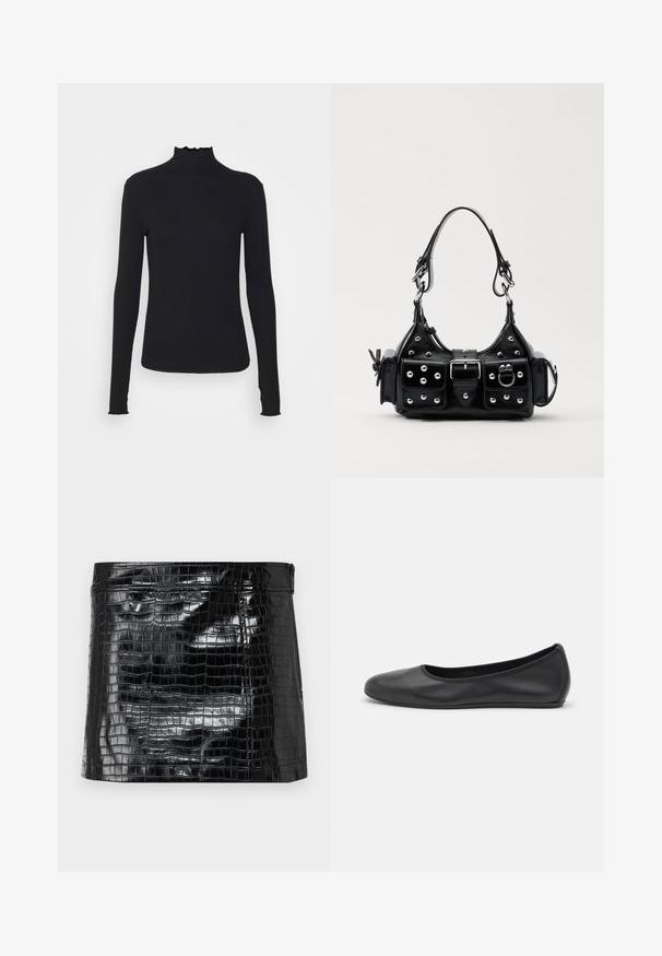 Top negro de manga larga con cuello alto, hecho de tejido suave, que presenta un cuello con volantes y una silueta ajustada con bordes simples.; Bolso de mano compacto y rectangular de vinilo negro brillante con un patrón de piel de cocodrilo, textura suave y cierre con cremallera en la parte superior.; Bailarina de piel negra con punta redondeada, textura suave, detalle de costura minimalista y diseño de suela flexible.; Bolso de mano de cuero negro con un diseño curvado, que cuenta con tachuelas plateadas, una hebilla y dos bolsillos laterales. Correa ajustable para opciones de transporte.