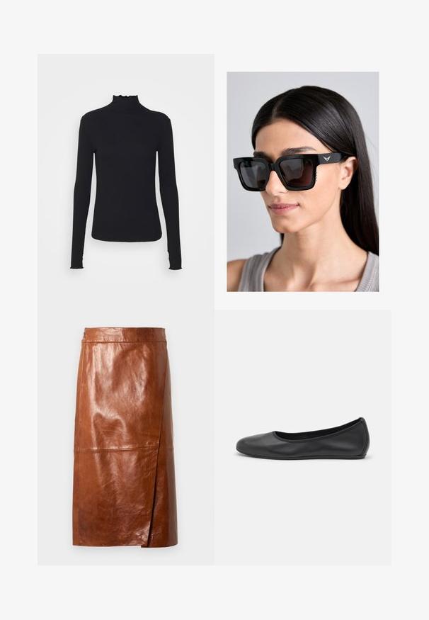 Haut à manches longues noir en col roulé, fabriqué en tissu lisse, présentant un col volanté et une silhouette ajustée avec des bords simples.; Jupe en cuir marron, longueur genoux, avec une légère fente à l'avant et une taille ajustée, présentée sur un fond clair.; Ballerines en cuir noir avec un bout rond, texture lisse, détails de couture minimalistes et design de semelle flexible.; Lunettes de soleil noires oversize avec montures carrées, verres foncés et détail subtil du logo en forme d'aile sur la branche. Présentent des accents texturés sur les côtés.