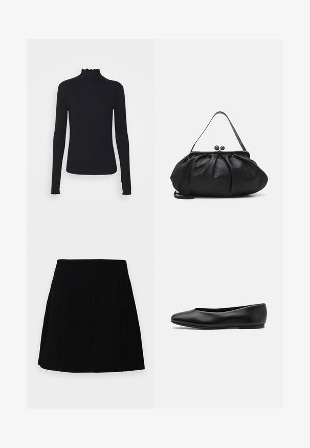Crni dugi rukav turtleneck majica izrađena od glatkog materijala, s volanima oko vrata i uskim siluetom s jednostavnim rubovima.; Crna mini suknja sa strukturiranim siluetom, s prednjim šavovima i bočnim džepovima, napravljena od glatkog, laganog materijala.; Paul Smith TOPANGA - Balerinke - black; Crna kožna torba s zaobljenim, naboranim dizajnom. Ima metalnu kopču s dva ukrasna gumba i tanki, odvojivi remen.