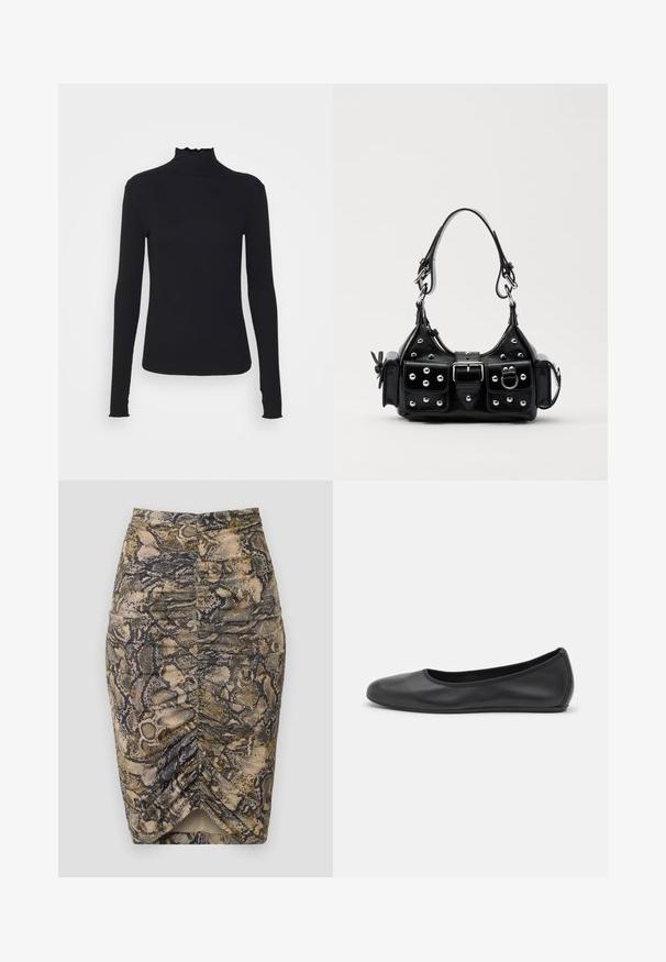 Fekete, hosszú ujjú, garbós felső sima anyagból, fodros gallérral és illeszkedő sziluettel, egyszerű élekkel.; Beige, barna és fekete árnyalatú kígyóbőrmintás ceruza szoknya. Oldalt redőzött, alján hasíték található. Sima textúrájú.; Fekete bőr balettcipő lekerekített orral, sima tekstúrával, minimális varrással és rugalmas talp kialakítással.; Fekete bőr kézitáska ívelt designnal, ezüst szegecsekkel, csattal és két oldalsó zsebbel. Állítható vállpánt a hordozási lehetőségekhez.