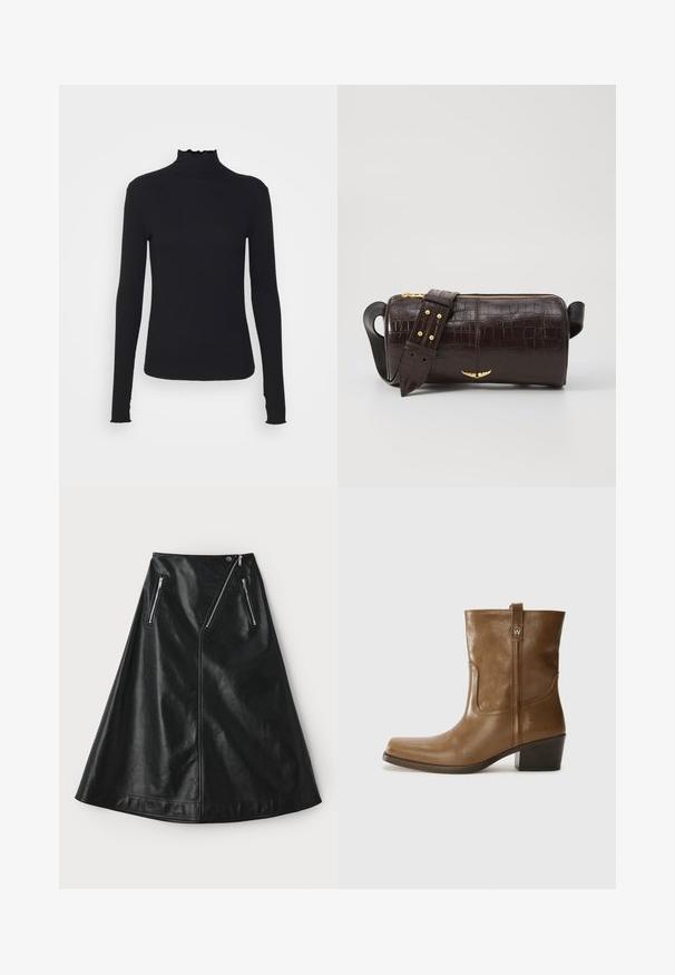 Črn dolg rokav turtleneck zgornji del iz gladkega materiala, ki se ponaša z nabranim ovratnikom in prilegajočim silhueto s preprostimi robovi.; Črna usnjena A-line krila z rahlo svetlečo teksturo, ki ima dve asimetrični žepni zadrgi in zapiranje na gumb na pasu.; Rjave usnjene gležnjarje s kvadratnim nosom, teksturirano površino in nizko kvadratno peto. Imajo zadnji trak za enostavno obuvanje in subtilne šivane detajle.; Brah blaženka iz rjavega usnja z embosiranim krokodilom, cilindrične oblike, zlatih kovinskih elementov in odstranljivim pasom, ki vsebuje žebljičke.
