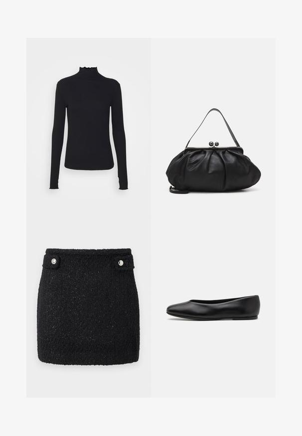 Schwarz, langärmliges Turtleneck-Oberteil aus glattem Material, mit einem gerafften Kragen und einer enganliegenden Silhouette mit einfachen Kanten.; Schwarzer Minirock aus strukturiertem Stoff mit dezentem Schimmer. Verfügt über zwei silberne Druckknöpfe am Bund zur Schließung.; Paul Smith TOPANGA - Klassischer Ballerina - black; Schwarze Lederhandtasche mit einer runden, gefalteten Form. Verfügt über einen metallischen Verschluss mit zwei dekorativen Kugeln und einem schmalen, abnehmbaren Tragegurt.